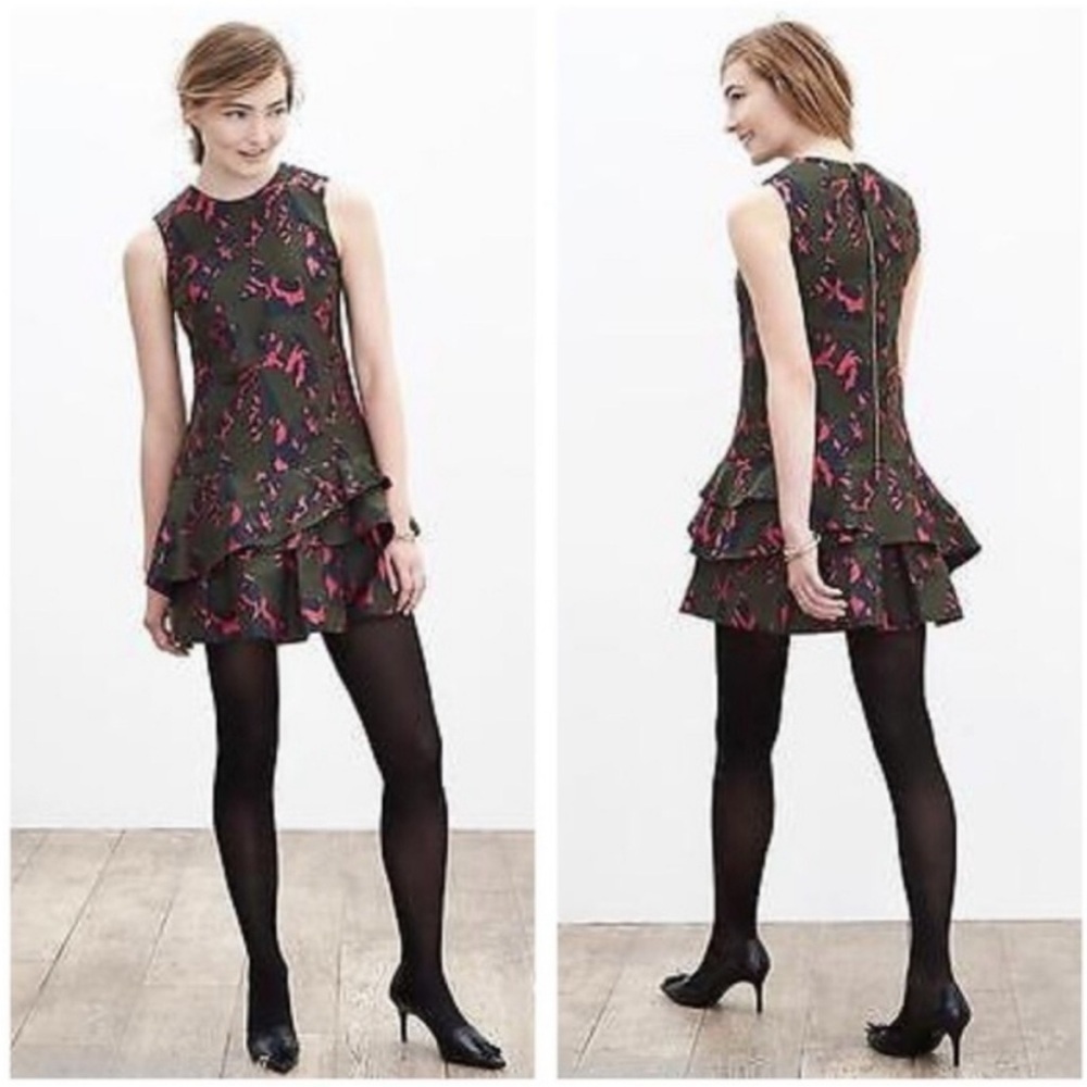 Banana Republic Unique Patterned Jacquard Ruffled Mini Dress Olive/Pink Size 2